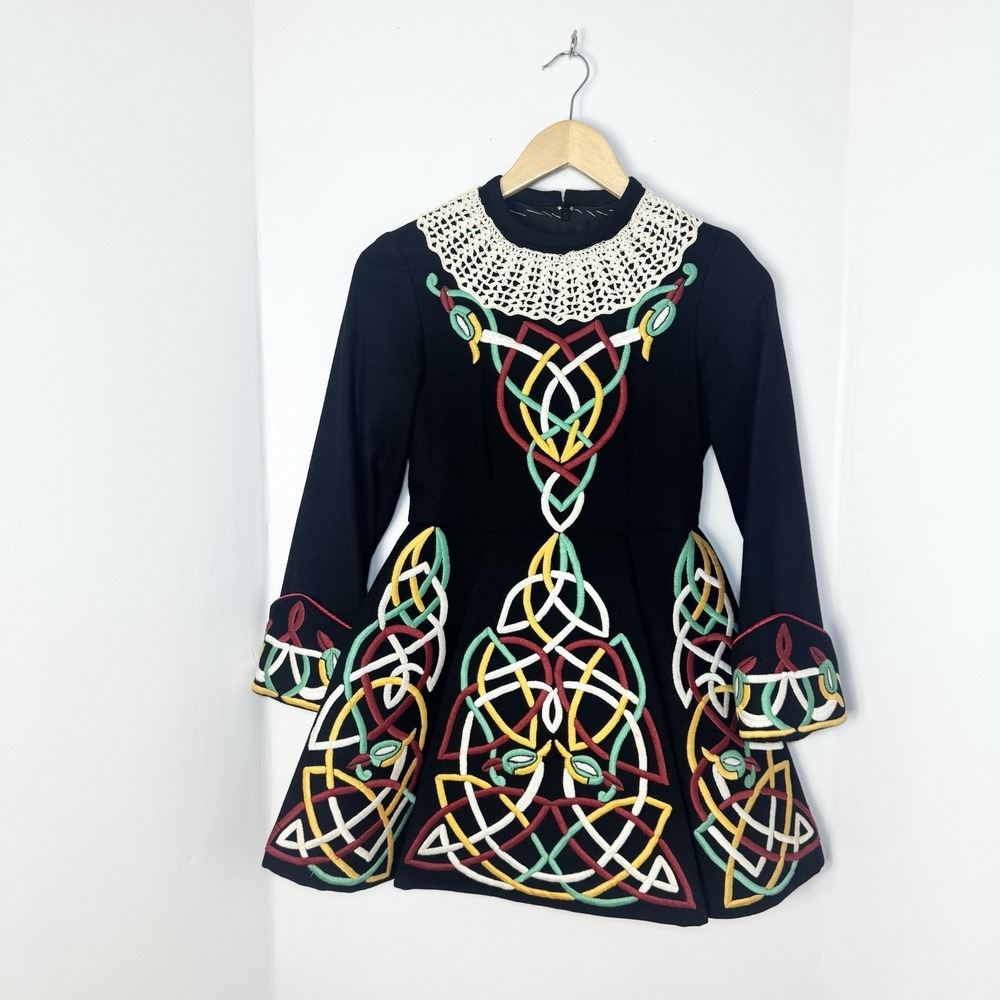 Vintage Irish Dance Solo Dress Girls Celtic Embroidered Brat Cape Folk Handmade